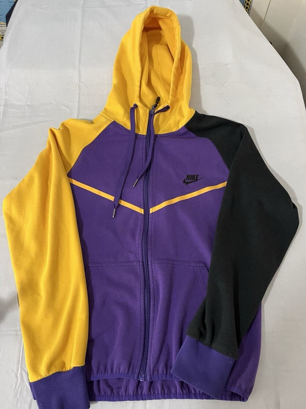 Nike Women’s Hoodie Purple Gold Black Color Block Cinch Waist Size Small